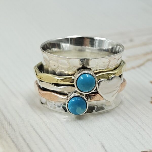 Kingman Turquoise Three Tone Spinner Meditation 925 Silver Ring (REXT112-17) - Image 2
