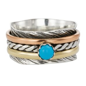 Kingman Turquoise Three Tone Spinner Meditation 925 Silver Ring (REXT112-33)