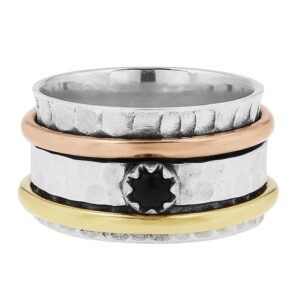 Black Onyx Two Tone Spinner Meditation 925 Silver Ring (REXT112-45)