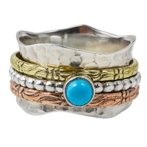 Kingman Turquoise Three Tone Spinner Meditation 925 Silver Ring (REXT112-27)