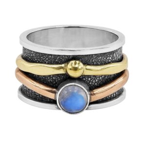 Rainbow Moonstone Two Tone Spinner Meditation 925 Silver Ring (REXT112-48)