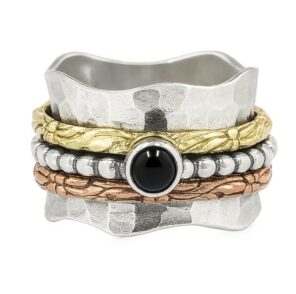 Black Onyx Three Tone Spinner Meditation 925 Silver Ring (REXT112-28)