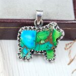 Cow Carved Peacock Dahlia Turquoise 925 Sterling Silver Pendant (RS113-324)