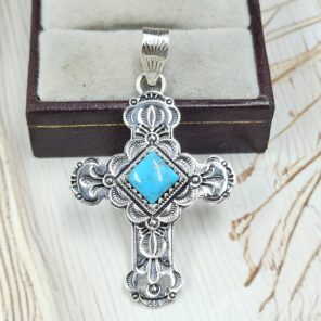 Cross Kingman Turquoise Southwest 1.75" 925 Sterling Silver Pendant (RS16-206)
