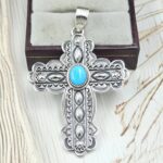 Kingman Turquoise Southwest Cross 2.25" 925 Sterling Silver Pendant (RS16-210)