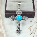 Kingman Turquoise Southwest Cross 1.75" 925 Sterling Silver Pendant (RS16-211)
