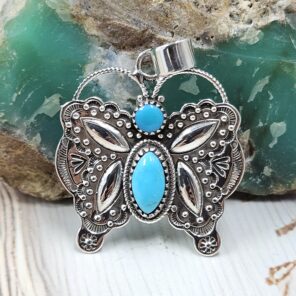Butterfly Kingman Turquoise 1.25" 925 Sterling Silver Pendant (REXT10-33)