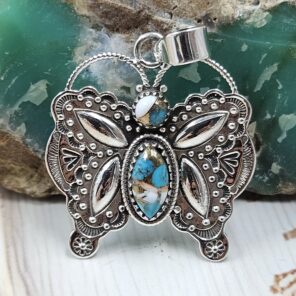 Butterfly Spiny Oyster Turquoise 1.25" 925 Sterling Silver Pendant (REXT10-34)