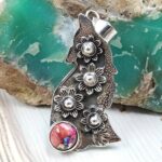Pink Dahlia Turquoise 1.5" 925 Sterling Silver Howling Wolf Pendant (RS61-492)