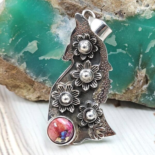 Pink Dahlia Turquoise 1.5" 925 Sterling Silver Howling Wolf Pendant (RS61-492)