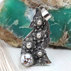 Wild Horse Jasper 1.5" 925 Sterling Silver Howling Wolf Pendant (RS61-493)