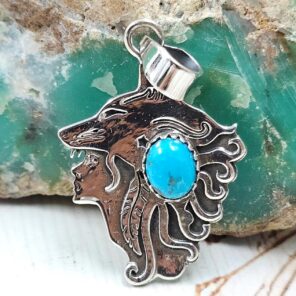 Kingman Turquoise 1.5" 925 Sterling Silver Wolf Pendant (RS61-501)