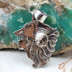 Wild Horse Jasper 1.5" 925 Sterling Silver Wolf Pendant (RS61-502)