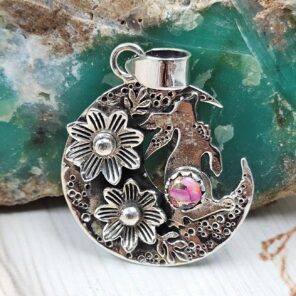 Pink Dahlia Turquoise 1.25" 925 Sterling Silver Crescent Moon Pendant (RS61-508)