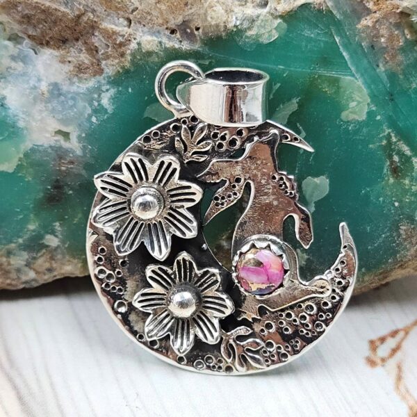 Pink Dahlia Turquoise 1.25" 925 Sterling Silver Crescent Moon Pendant (RS61-508)