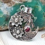 Red Rose Dahlia Turquoise 1.25" 925 Sterling Silver Crescent Moon Pendant (RS61-509)