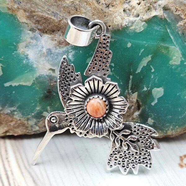 Spiny Oyster Shell 1.5" 925 Sterling Silver Humming Bird Pendant (RSB2-167)