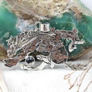 White Buffalo Turquoise 1.25" 925 Sterling Silver Cowboy Horse Pendant (RSB2-215)