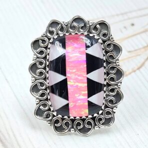 Aurora Opal Checkerboard Adjustable 925 Sterling Silver Ring (REXT16-70)