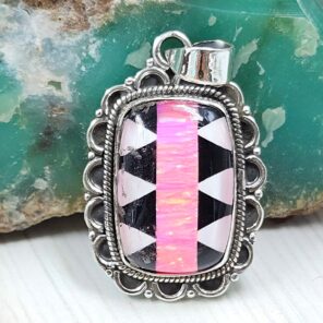 Aurora Opal Checkerboard 1.25" 925 Sterling Silver Pendant (REXT16-87)