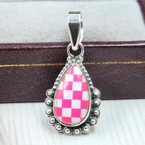 Pink Checkerboard 0.75" 925 Sterling Silver Pendant (REXT115-177)