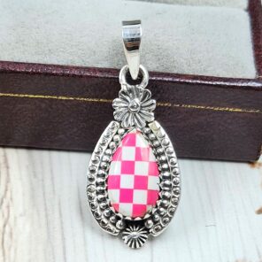 Pink Checkerboard 1" 925 Sterling Silver Pendant (REXT115-181)