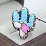 Cactus Carved Cotton Candy Turquoise 925 Sterling Silver Ring  (RS113-444)