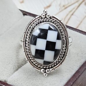 Black Onyx Checkerboard 925 Sterling Silver Ring (REXT45-102)