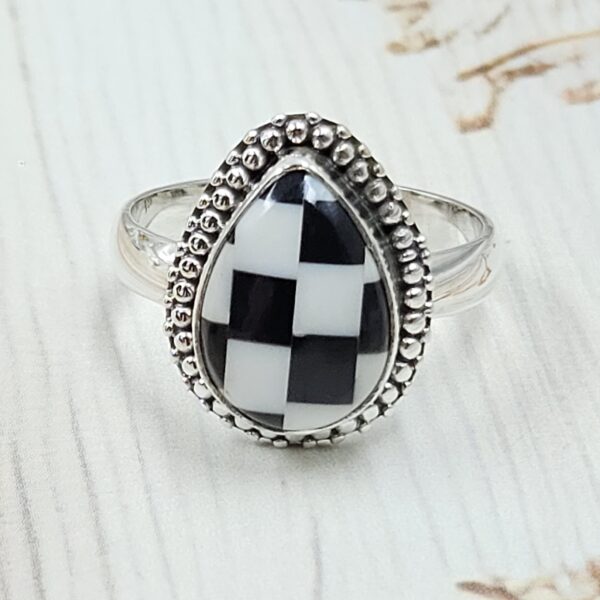 Black Onyx Checkerboard 925 Sterling Silver Ring (REXT45-96)
