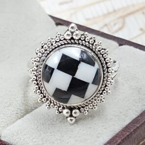 Black Onyx Checkerboard 925 Sterling Silver Ring (REXT45-100)