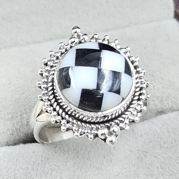 Black Onyx Checkerboard 925 Sterling Silver Ring (REXT45-100) - Image 2