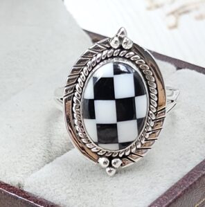 Black Onyx Checkerboard 925 Sterling Silver Ring (REXT45-103)