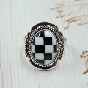 Black Onyx Checkerboard 925 Sterling Silver Ring (REXT45-101)