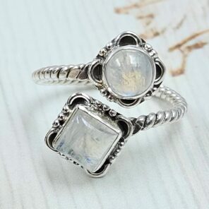 Rainbow Moonstone 925 Sterling Silver ADJ Bypass Ring (REXT51-146)