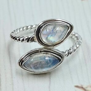 Rainbow Moonstone 925 Sterling Silver ADJ Bypass Ring (REXT51-152)