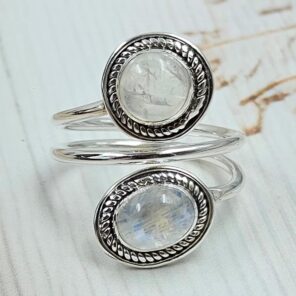 Rainbow Moonstone 925 Sterling Silver ADJ Bypass Ring (REXT51-158)