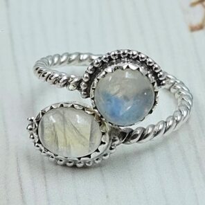 Rainbow Moonstone 925 Sterling Silver ADJ Bypass Ring (REXT51-166)