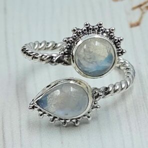 Rainbow Moonstone 925 Sterling Silver ADJ Bypass Ring (REXT51-171)