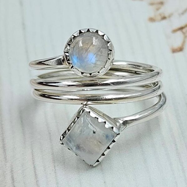 Rainbow Moonstone 925 Sterling Silver ADJ Bypass Ring (RS38-18)