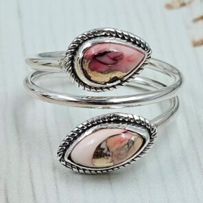Red Rose Dahlia Turquoise 925 Sterling Silver ADJ Bypass Ring (RS38-22)