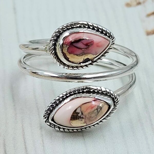 Red Rose Dahlia Turquoise 925 Sterling Silver ADJ Bypass Ring (RS38-22)