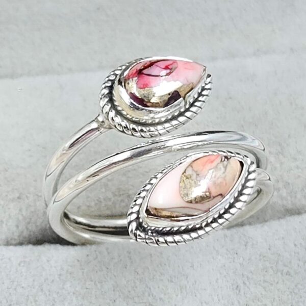 Red Rose Dahlia Turquoise 925 Sterling Silver ADJ Bypass Ring (RS38-22) - Image 2