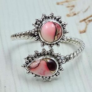 Red Rose Dahlia Turquoise 925 Sterling Silver ADJ Bypass Ring (RS38-26)