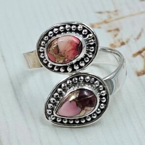 Red Rose Dahlia Turquoise 925 Sterling Silver ADJ Bypass Ring (RS38-33)