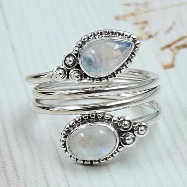 Rainbow Moonstone 925 Sterling Silver ADJ Bypass Ring (RS38-38)