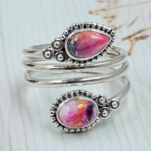 Pink Dahlia Turquoise 925 Sterling Silver ADJ Bypass Ring (RS38-39)