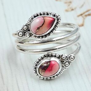 Red Rose Dahlia Turquoise 925 Sterling Silver ADJ Bypass Ring (RS38-40)