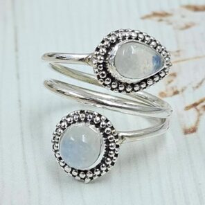 Rainbow Moonstone 925 Sterling Silver ADJ Bypass Ring (RS38-42)