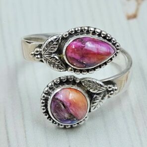 Pink Dahlia Turquoise 925 Sterling Silver ADJ Bypass Ring (RS38-48)