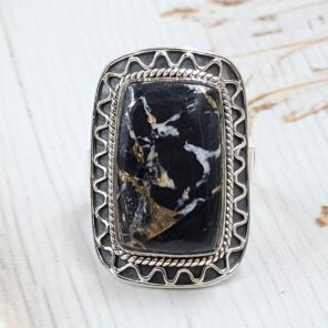 White Buffalo Copper Turquoise Size US 8 925 Sterling Silver Ring (REXT45-148)